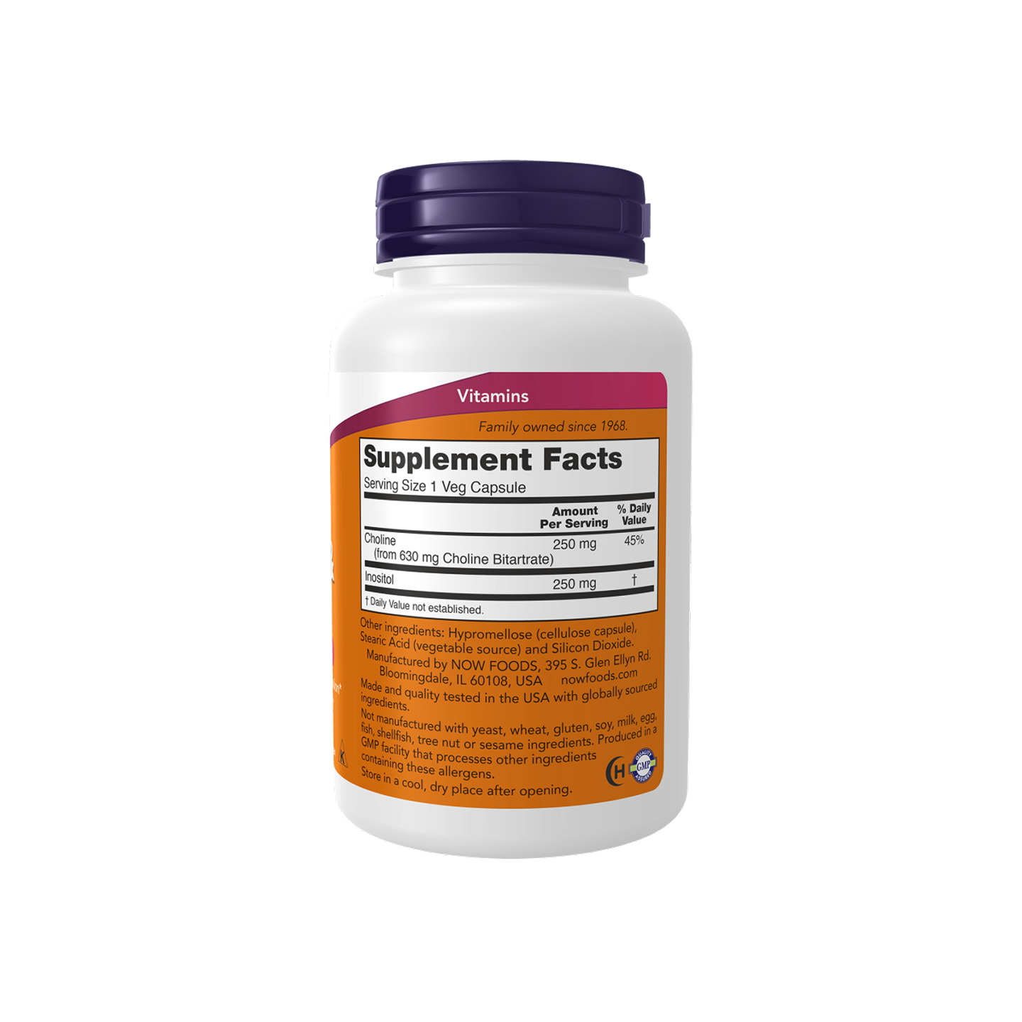 NOW Foods Colina e Inositol 500 mg, 100 cápsulas vegetales