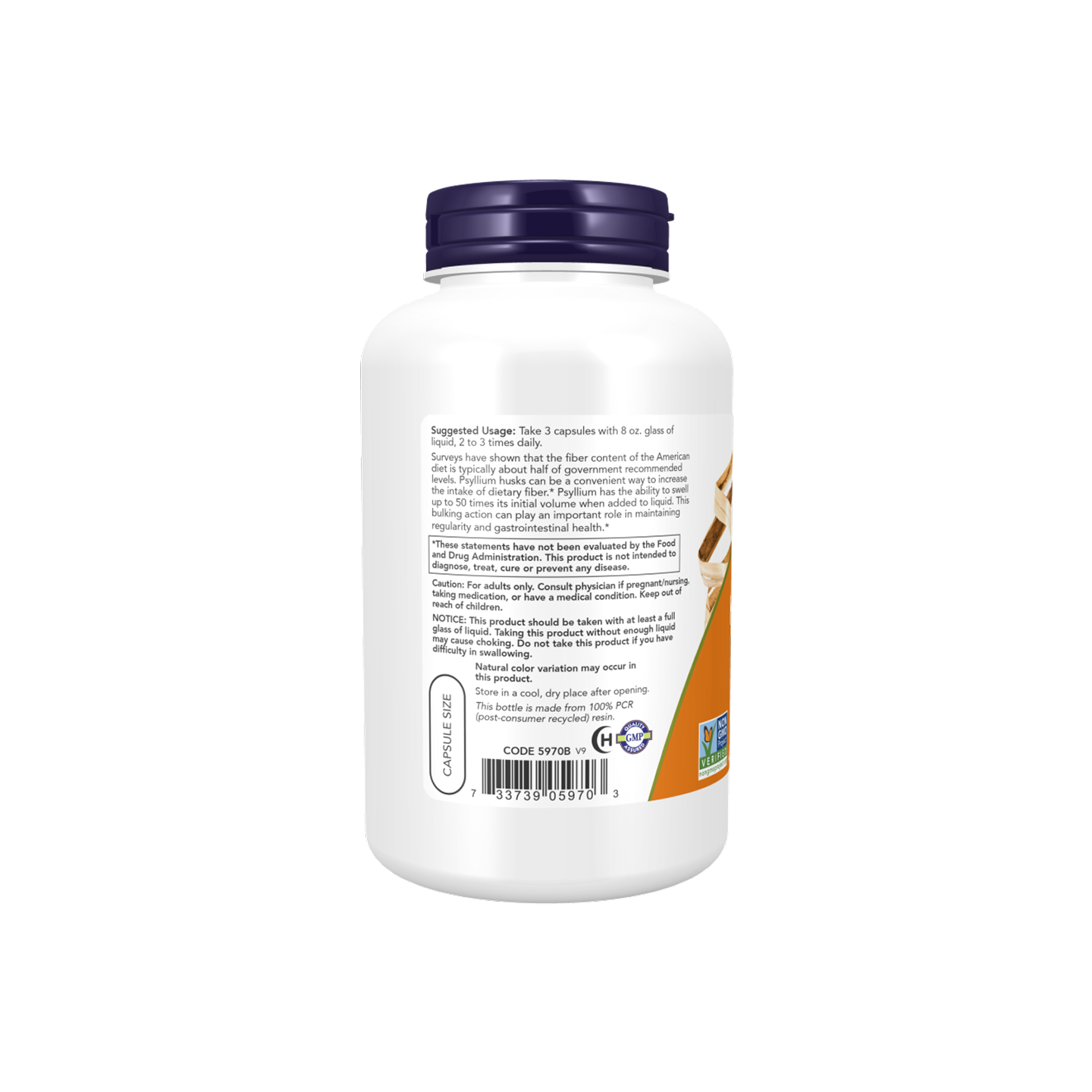 NOW Foods Psyllium Husk Caps 500 mg 200 cápsulas vegetales