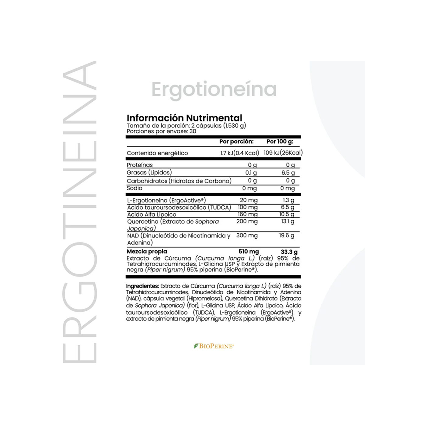 CellX Ergotioneína 20 mg, 60 cápsulas