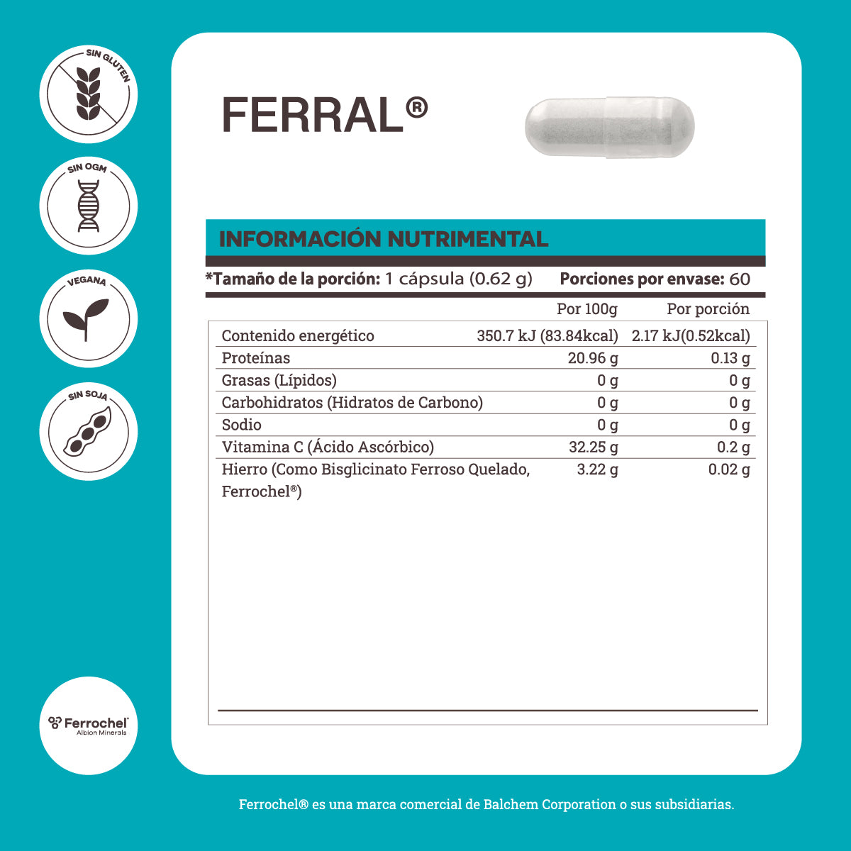 Matter Ferral Bisglicinato Ferroso & Vitamina C, 60 cápsulas