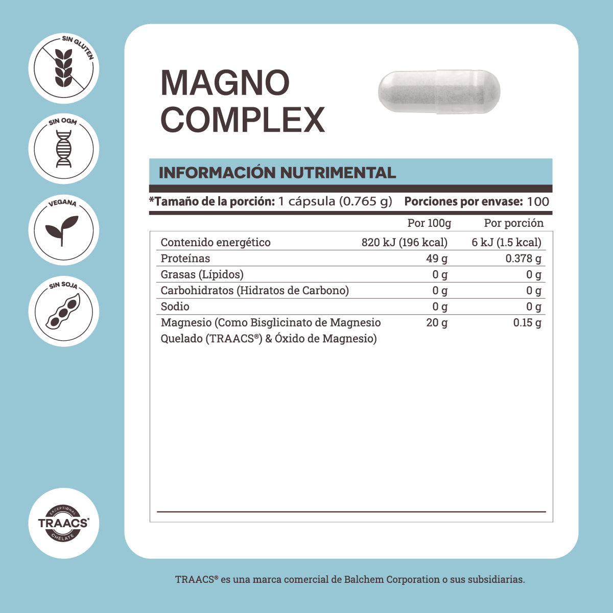 Matter Magnesio Bisglicinato Quelado Magno-Complex, 100 cápsulas